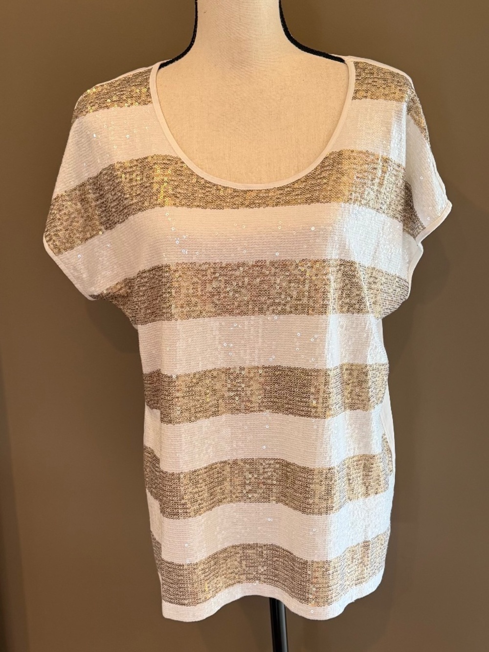Chico's Optic White & Gold Sequin Stripe Scoop Short Sleeve, Size Large, (2)